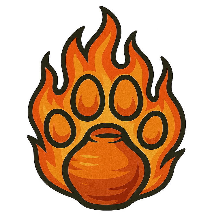 Firecat Jewelry and Ceramic logo. Flames in shape of cat paw with pottery vessel
